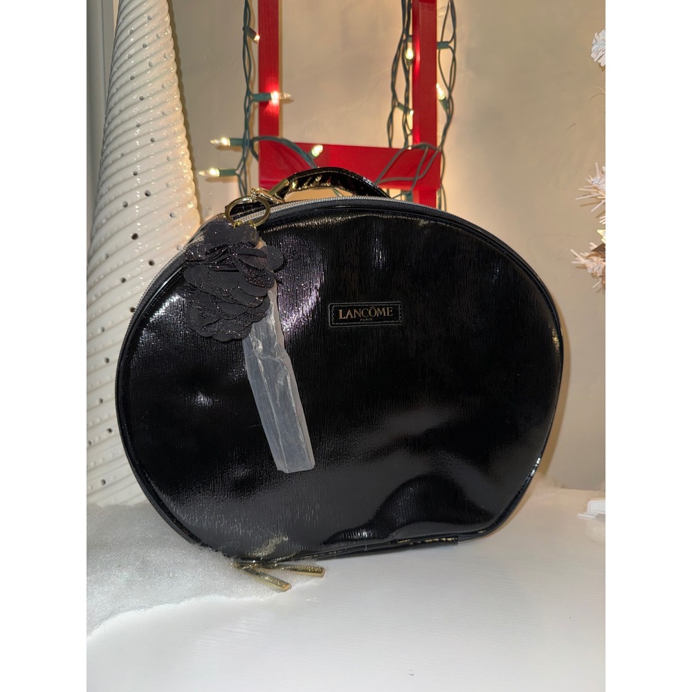 Lancome Black Patent Round Vanity Makeup Train Case Bag Cosmetic